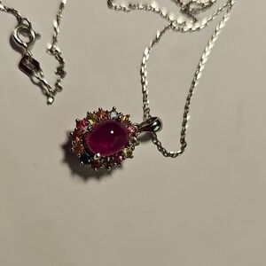 Ruby Cabochon In Sapphire Halo Necklace